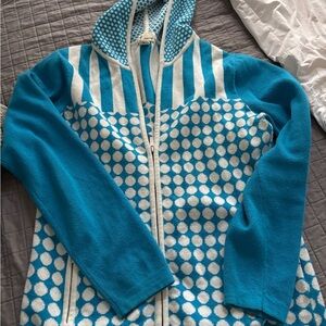 Never Blue and White Polka Dot hooded cadigan sweater